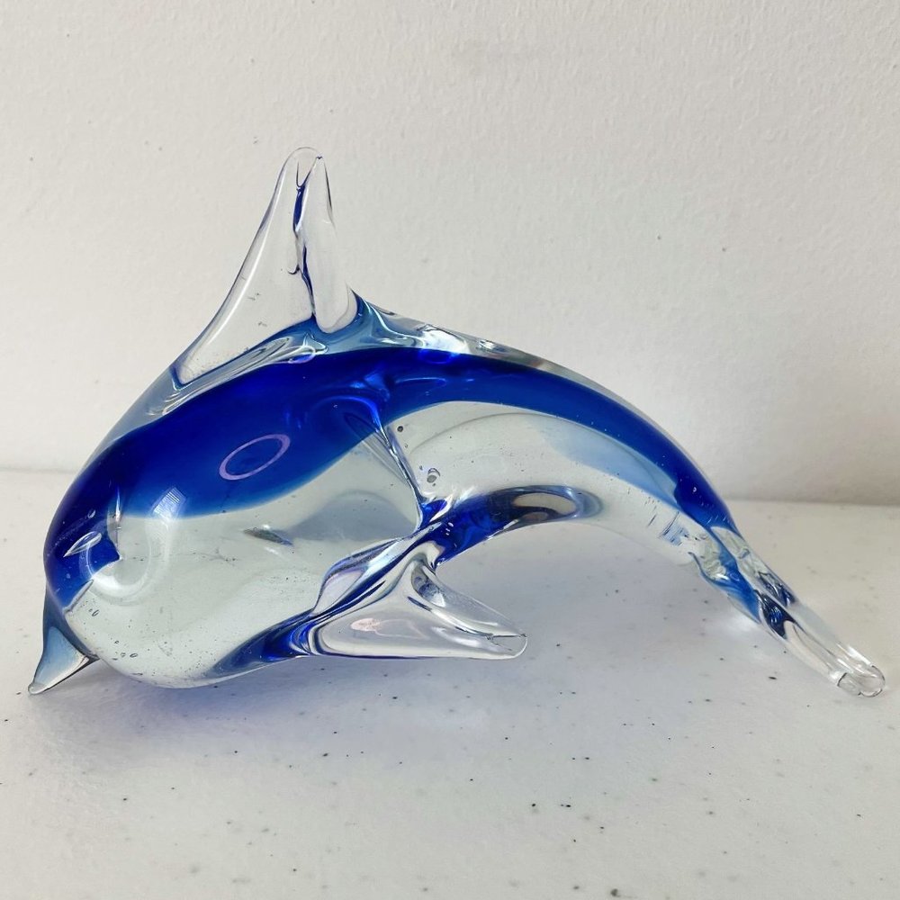 Hand Blown Art Glass Dolphin Figurine Paperweight Cobalt Blue Clear Nautical